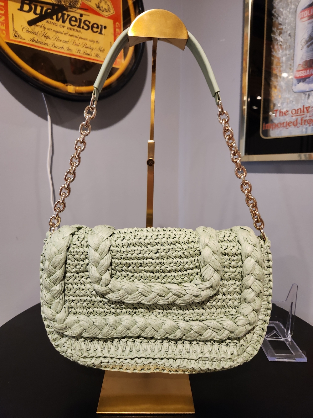 H&M Sage Green Woven Shoulder Bag with Gold Chain